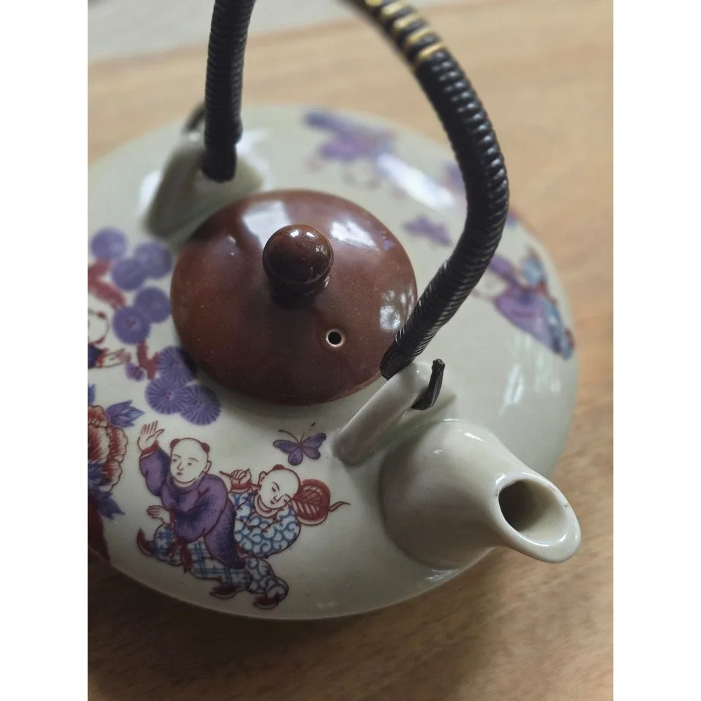 Vintage Japanese Ceramic Tea Set Karako Children Pine Tree Teapot and 4 Cups
